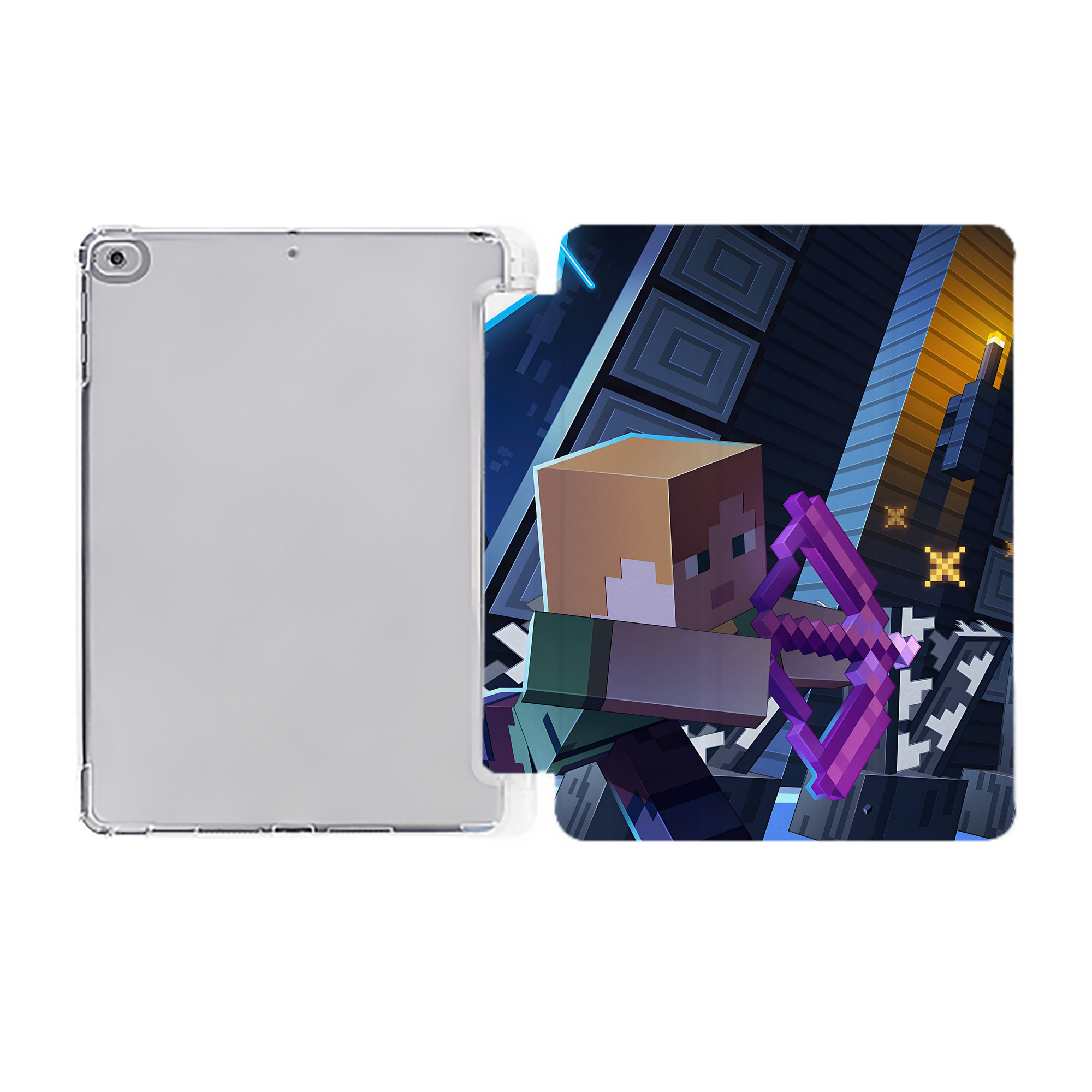 （画像用） マインクラフト ブロックの世界 Minecraft MC Block world IPad ケース ペン収納付き 三つ折りスタンド PUレザー×シリコン 対応機種9.5/10.5/10.9インチ